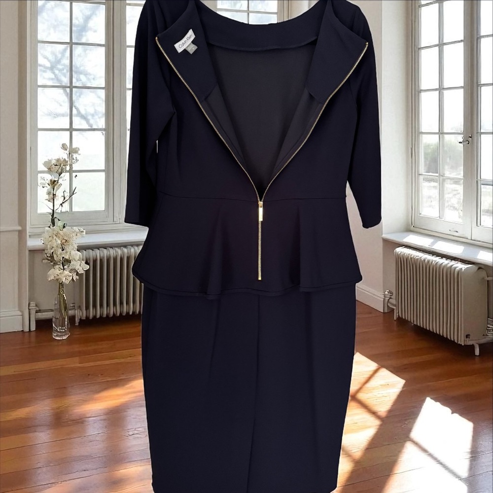 LIKE NEW Calvin Klein Midnight Blue Peplum Dress with Gold Zipper - Picture 7 of 13